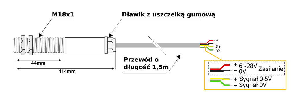 Wymiary czujnika PT100 5x100mm mocowanie bagnetowe M12x1